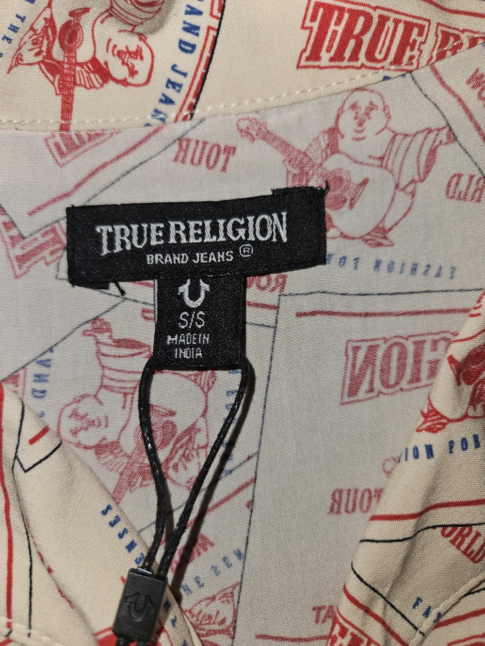 True Religion Cream and Red Logo-Print Short Sleeve Button-Down